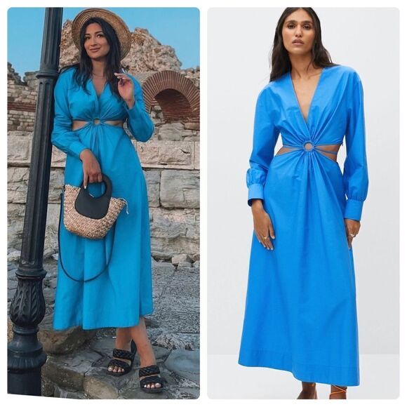 Mango Cotton Blue Cut Out Dress New - Picture 1 of 8